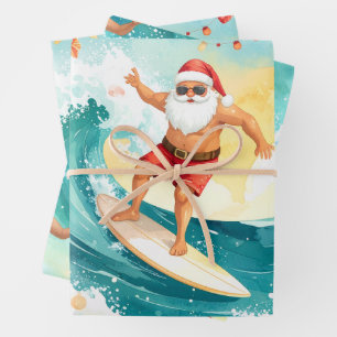 Surfing Santa Claus Wrapping Paper Sheets