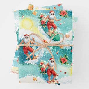 Surfing Santa Claus Wrapping Paper Sheets
