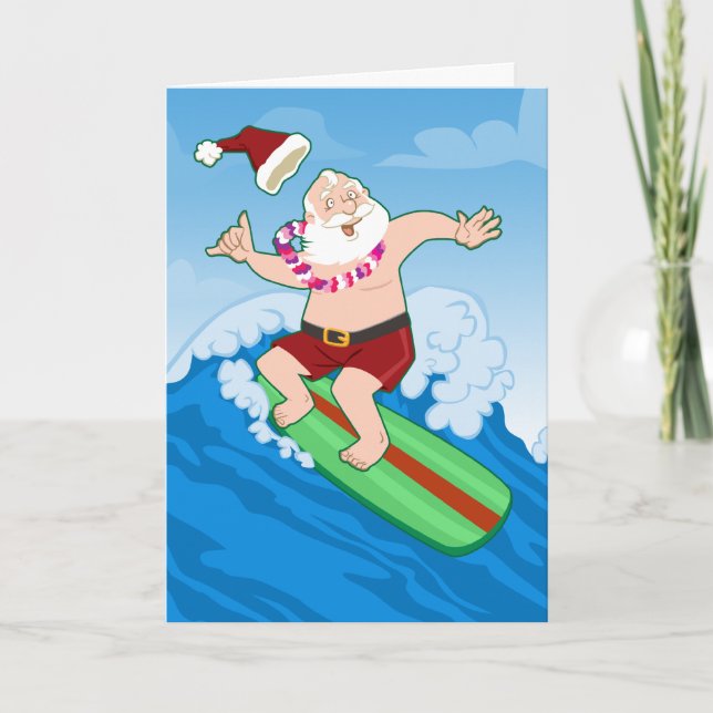 Surfing Santa Funny Christmas Holiday Card (Front)
