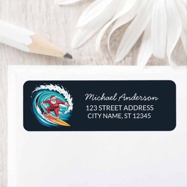 Surfing Santa Funny Christmas Return Address    Label (Insitu)