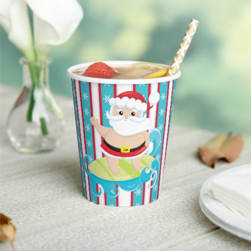 Surfing Santa funny Christmas stripes snowflakes Paper Cups