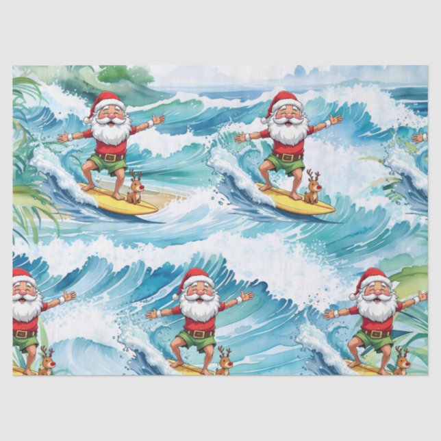 Surfing Santa is on big wave in Hawaii  Tissue Paper (Front)