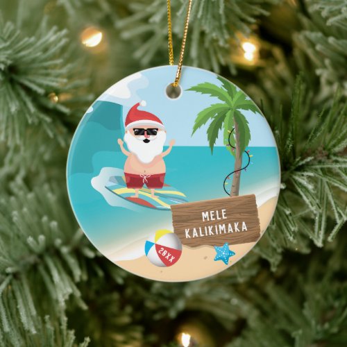 Surfing Santa Mele Kalikimaka Hawaiian Christmas Ceramic Ornament