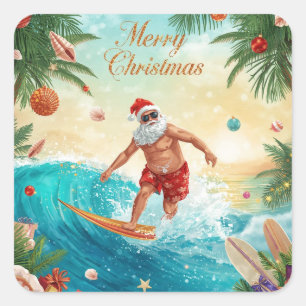 Surfing Santa Merry Christmas Coastal Holiday  Square Sticker