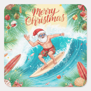 Surfing Santa Merry Christmas Coastal Holiday  Square Sticker