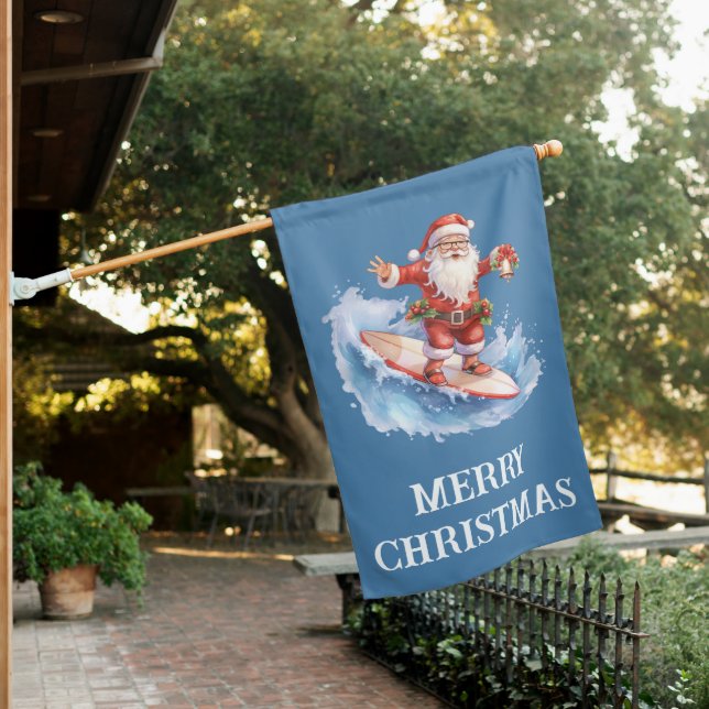 Surfing Santa Merry Christmas House Flag (In SItu)