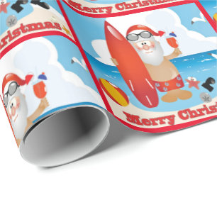 Surfing Santa On Beach  Merry Christmas Wrapping Paper