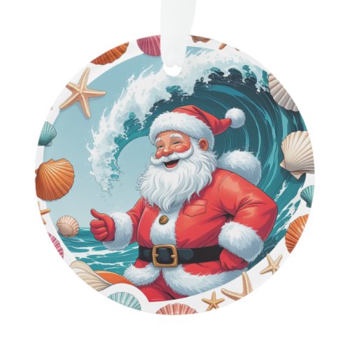 Surfing Santa Seashell Wave Acrylic Christmas Orna Ornament