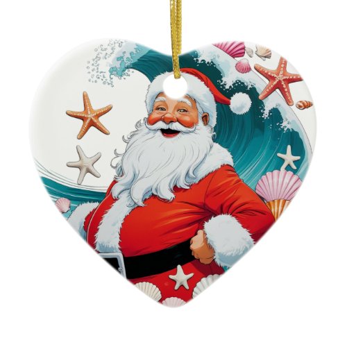 Surfing Santa Seashell Wave Christmas Ornament
