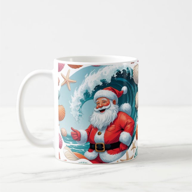 Surfing Santa Seashell Wave Classic Christmas Mug (Left)