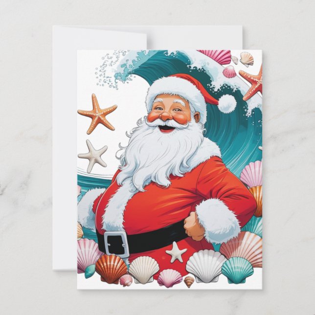 Surfing Santa Seashell Wave Flat Holiday Christmas Card (Front)