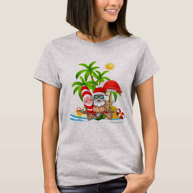 Surfing Santa Summer Christmas Pajamas Funny Xmas T-Shirt (Front)