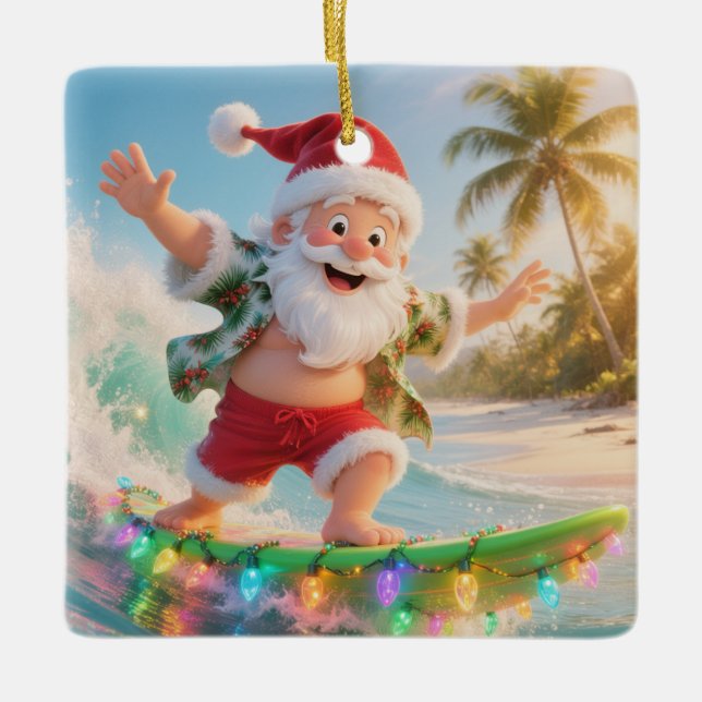 Surfing Santa Tropical Christmas Ceramic Ornament (Front)