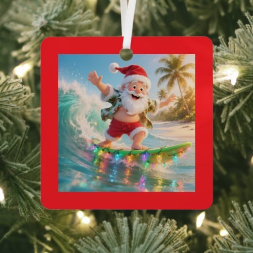Surfing Santa Tropical Christmas Metal Ornament