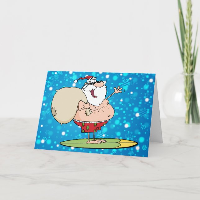 surfing santa with toy bag holiday card (Front)