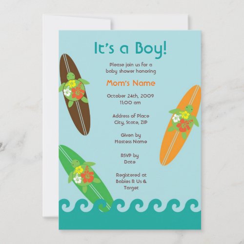 Surfing Sea Turtle Baby Shower or Birthday Invitat Invitation