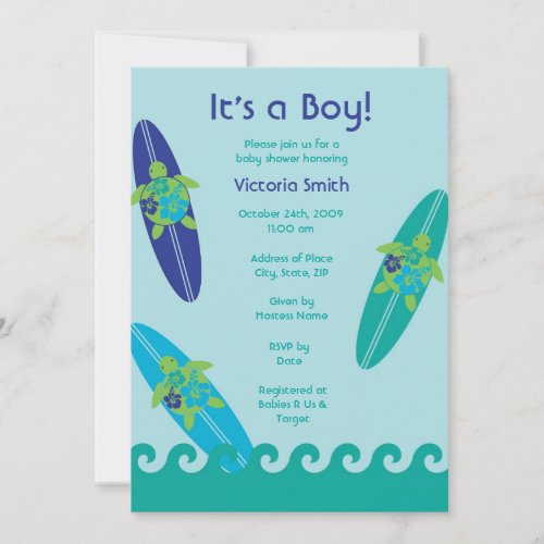 Surfing Sea Turtles Baby Shower Invitation Blue