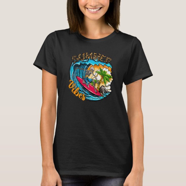 Surfing Skeleton Summer Vibes Beach Waves Sunset S T-Shirt (Front)