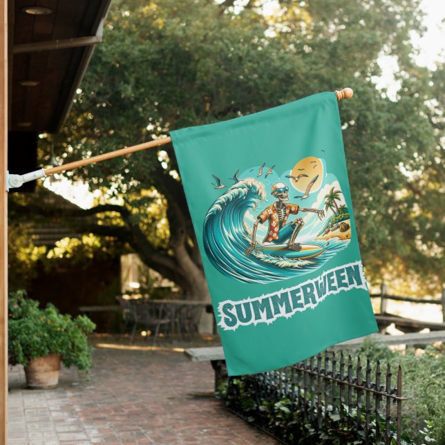 Surfing Skeleton Summerween Beach Vibes House Flag (In SItu)