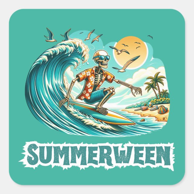 Surfing Skeleton Summerween Beach Vibes Square Sticker (Front)