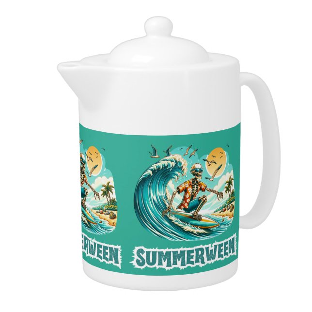 Surfing Skeleton Summerween Beach Vibes Teapot (Right)
