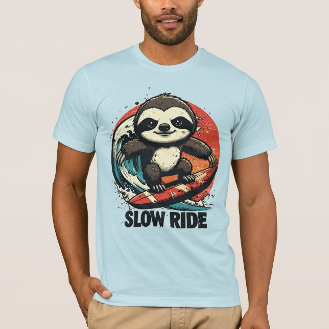 Surfing Sloth Gifts – “Slow Ride” Retro Sunset T-Shirt (Front)