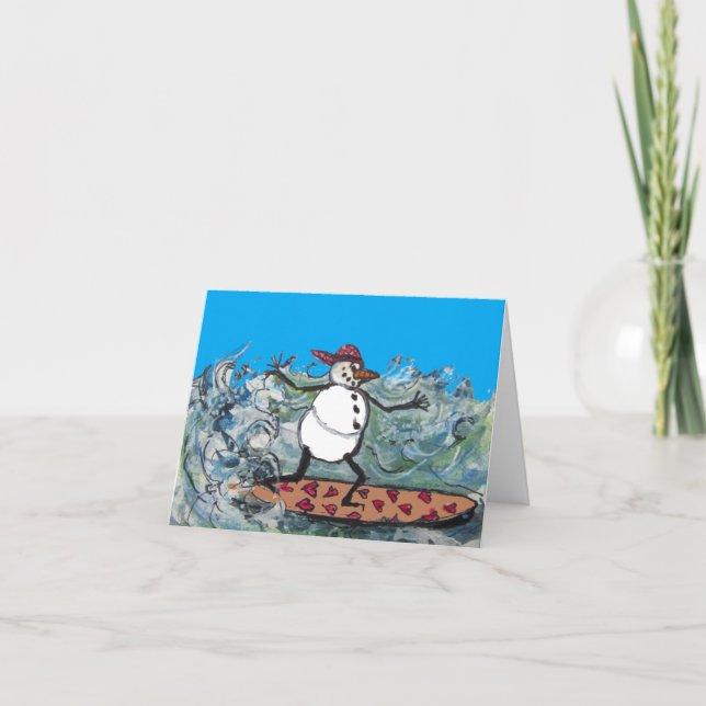 Surfing Snowman Valentine Holiday Card (Front)