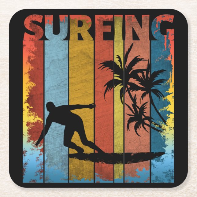 SURFING SUMMER BEACH SURFER SQUARE PAPER COASTER (Front)