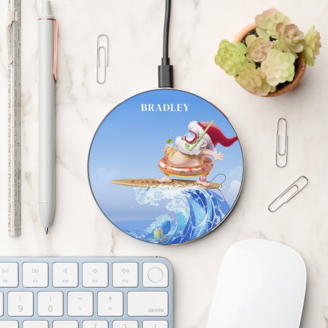 Surfing Summer Santa Christmas Beach Holiday Name Wireless Charger (Desk)