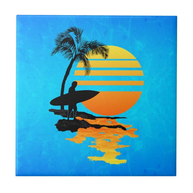 Surfing Sunrise Ceramic Tile (Front)