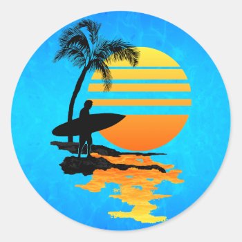 Surfing Sunrise Classic Round Sticker by packratgraphics at Zazzle