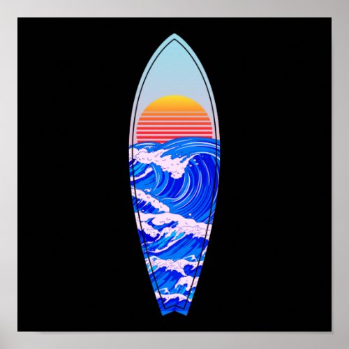 Surfing Sunset 80s Vaporwave Wave Surfboard Poster