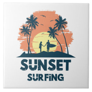 Surfing -Sunset Surfing Ceramic Tile