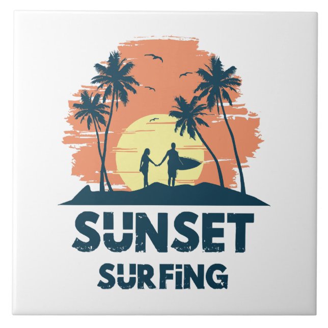Surfing -Sunset Surfing  Ceramic Tile (Front)