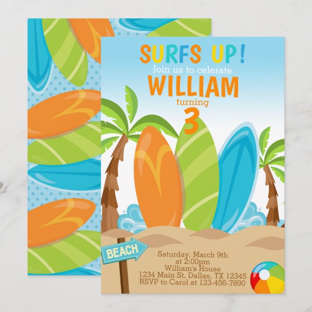 Surfing Surfboard Birthday Party Invitation Invite (Front/Back)