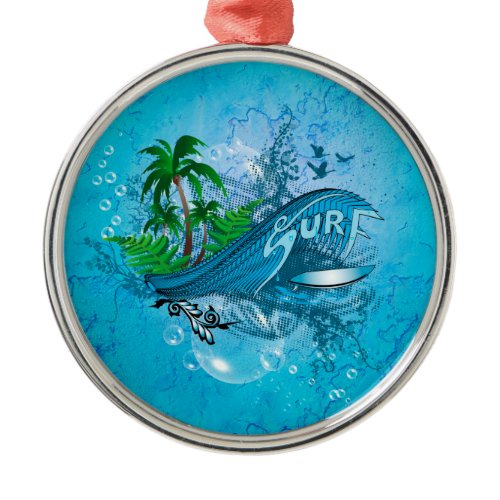 Surfing, surfboard with palm metal ornament