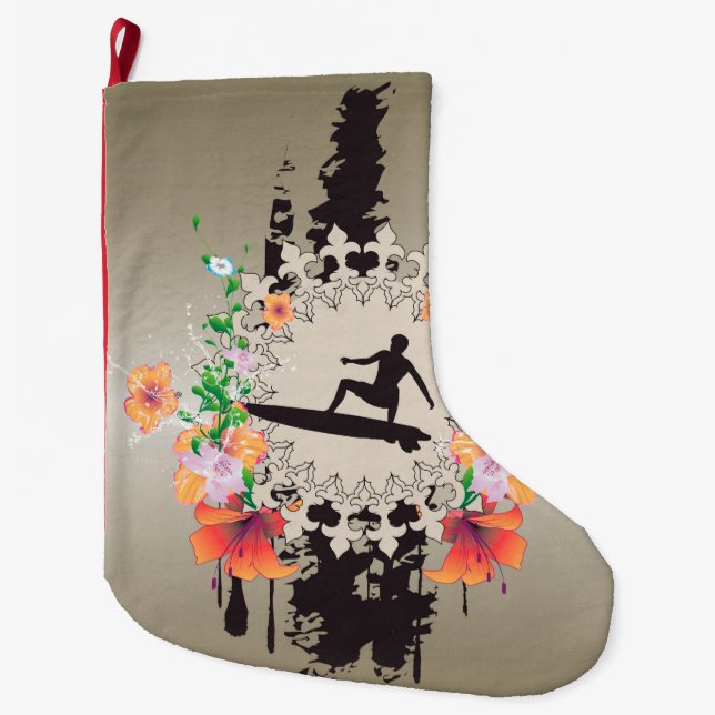 Surfing, surfboarder with flowers large christmas stocking (Front)