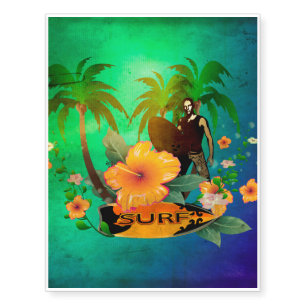 Surfing, surfboarder with palm and flowers temporary tattoos