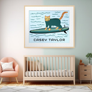 SURFING Tabby Cat Funny Cute CUSTOM NAME Nursery  Poster
