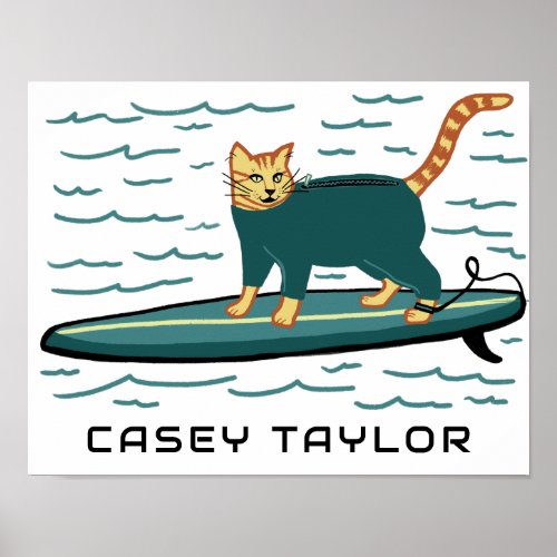 SURFING Tabby Cat Funny Cute CUSTOM NAME Nursery  Poster