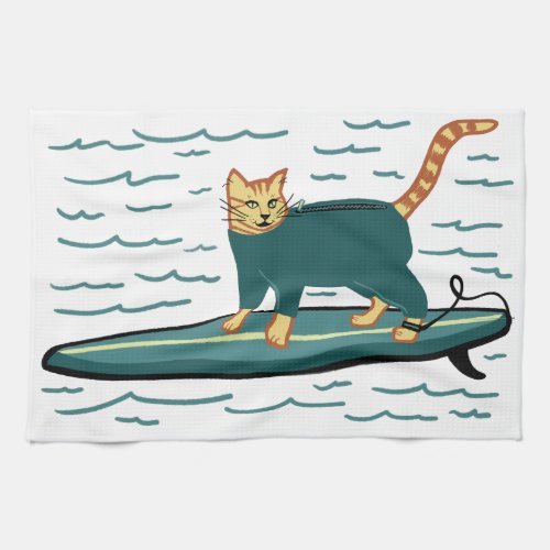 Surfing Tabby Cat Kitchen Towel