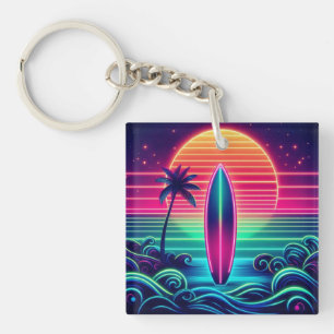 Surfing the Neon Sunset Keychain