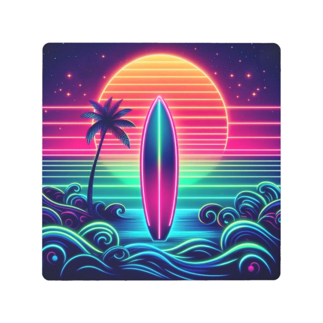 Surfing the Neon Sunset Metal Print (Front)