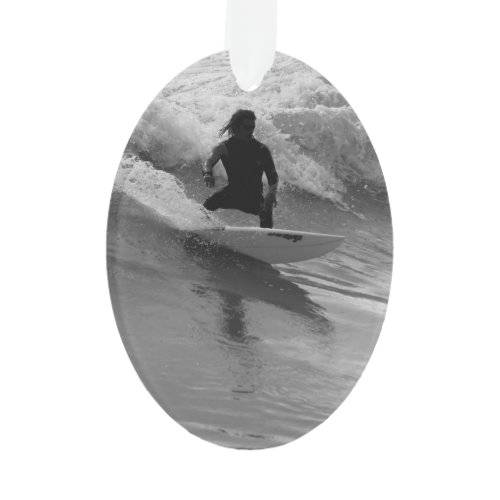 Surfing The Waves Grayscale Ornament