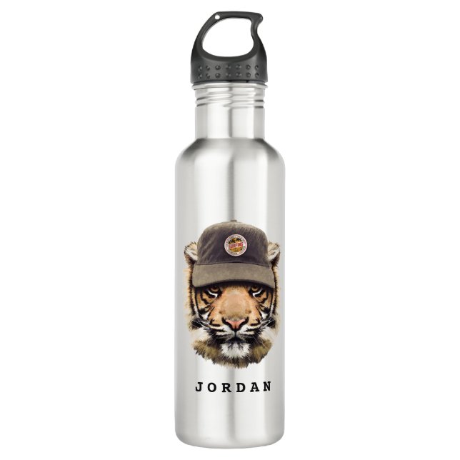 Surfing Tiger | Add Your Name Stainless Steel Water Bottle (Front)