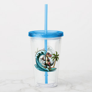 Surfing tropical dinosaur acrylic tumbler