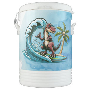 Surfing tropical dinosaur beverage cooler