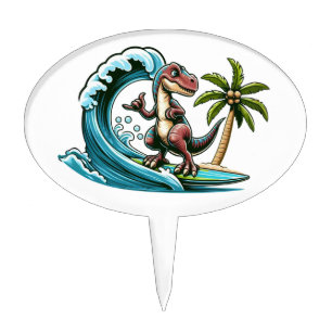 Surfing tropical dinosaur cake topper