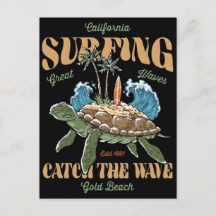 Surfing turtle design featuring california waves T Holiday Postcard
