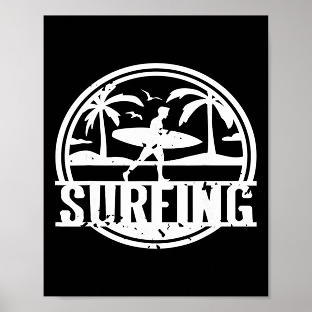 Surfing Vintage Palm Trees Ocean Sunset Scene  Poster (Front)